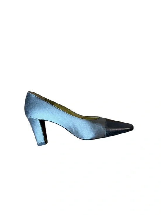 Vintage Chanel Satin Block Heel Leather Cap Toe Pumps - Picture 7 of 9